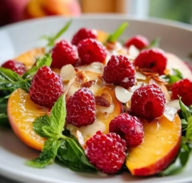 Delicious Peach and Raspberry Salad with fresh fruits and greens