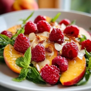 Delicious Peach and Raspberry Salad with fresh fruits and greens