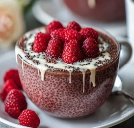 Delicious Raspberry Chocolate Chia Pudding in a bowl topped with fresh raspberries
