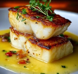 Plate of restaurant-style Chilean Sea Bass served with vegetables and sauce.