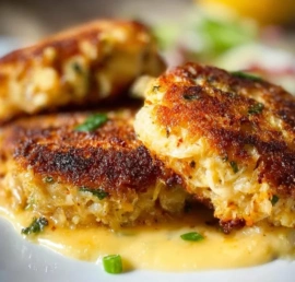 Delicious savory Lion's Mane Crab Cakes served on a plate.