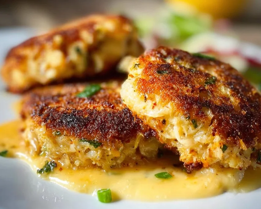Delicious savory Lion's Mane Crab Cakes served on a plate.
