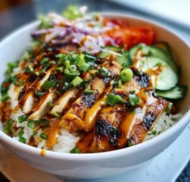 Smoky grilled chicken bowl garnished with lime crema and fresh ingredients
