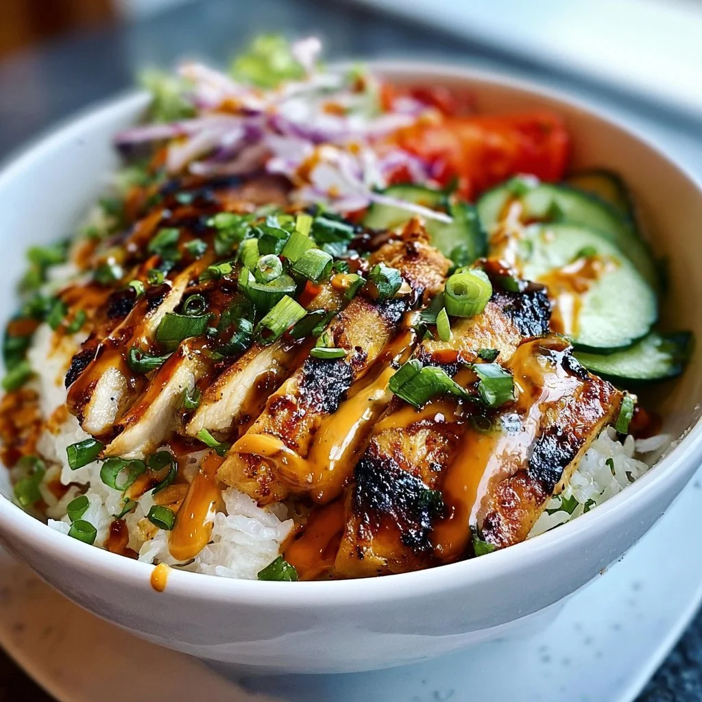 Smoky grilled chicken bowl garnished with lime crema and fresh ingredients
