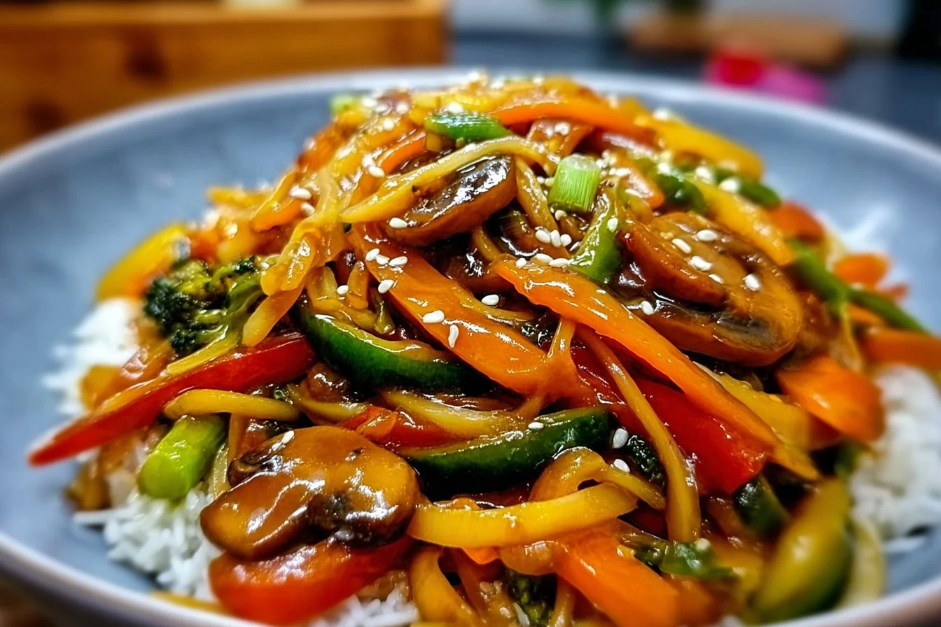 Colorful vegetable stir fry dish with fresh ingredients in a pan