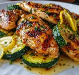Asado Chicken served with lemon zucchini sauté on a plate