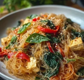 Bowl of Basil and Tofu Vermicelli topped with fresh basil