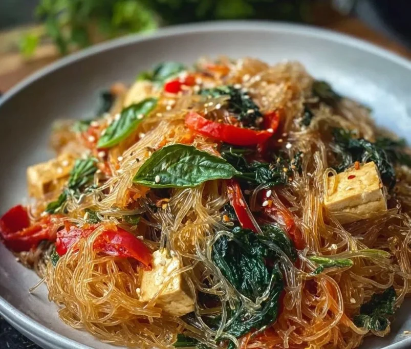 Bowl of Basil and Tofu Vermicelli topped with fresh basil