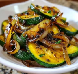Caramelized zucchini and onion dish served on a plate, showcasing its golden-brown color.