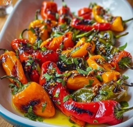 A plate of charred baby peppers garnished with herbs.