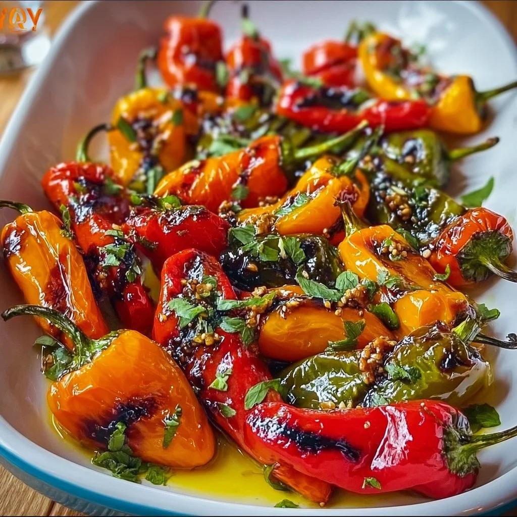 A plate of charred baby peppers garnished with herbs.