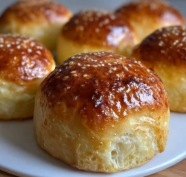 Freshly baked Cottage Cheese Buns on a wooden table.
