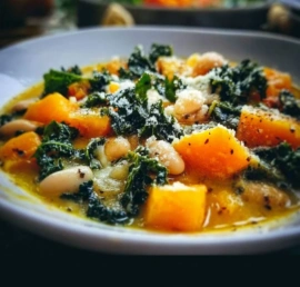 Cozy butternut squash soup with kale and white beans in a bowl