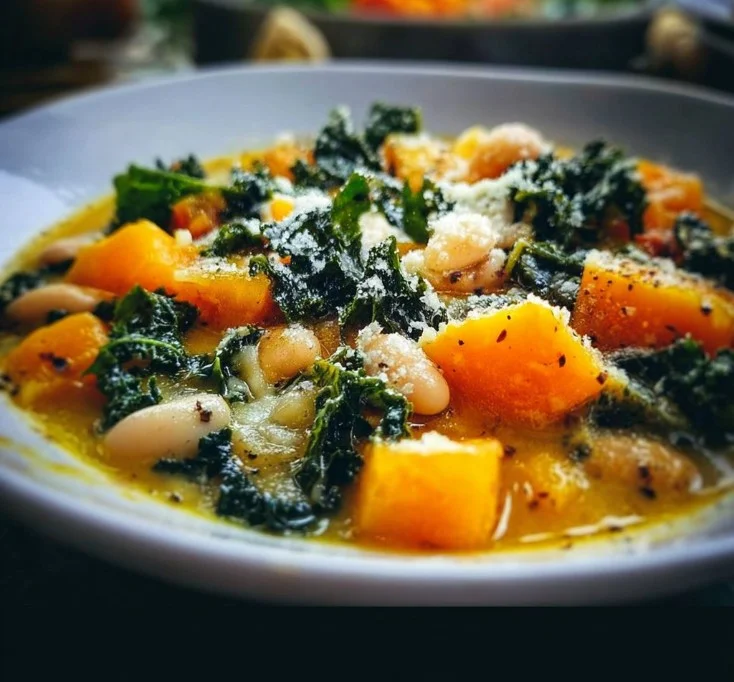 Cozy butternut squash soup with kale and white beans in a bowl