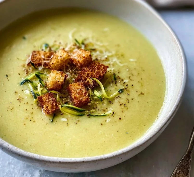 Bowl of creamy zucchini soup garnished with fresh herbs
