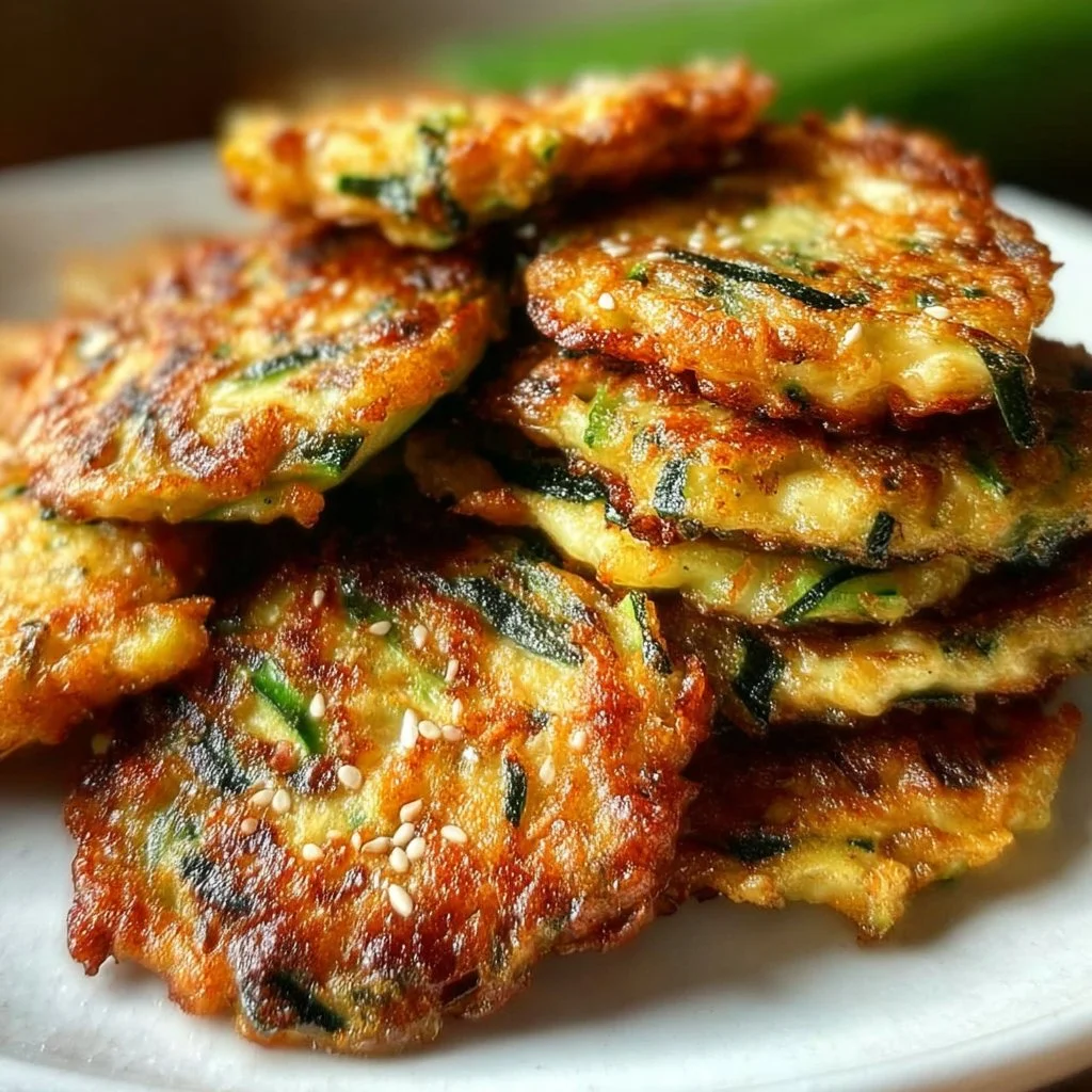 Crispy Korean zucchini fritters served on a plate with dipping sauce