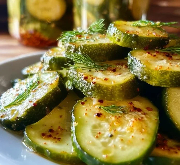 Crispy refrigerator dill pickles ready in 24 hours, served in a jar.