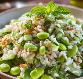 Cucumber Edamame Rice Salad with fresh vegetables and dressing