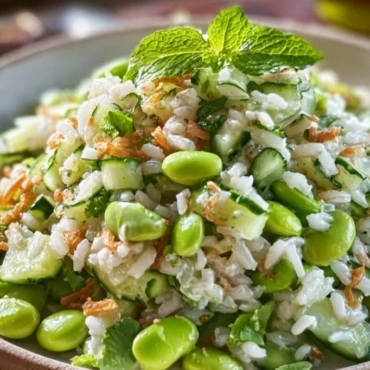Cucumber Edamame Rice Salad with fresh vegetables and dressing
