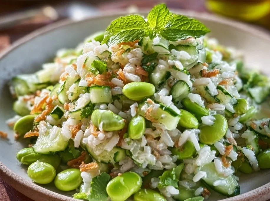 Cucumber Edamame Rice Salad with fresh vegetables and dressing