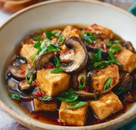 Delicious Vietnamese braised tofu and mushrooms served in a bowl