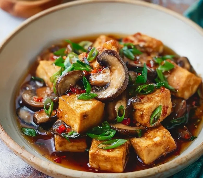 Delicious Vietnamese braised tofu and mushrooms served in a bowl