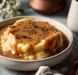 Delicious easy vegan gravy served over mashed potatoes