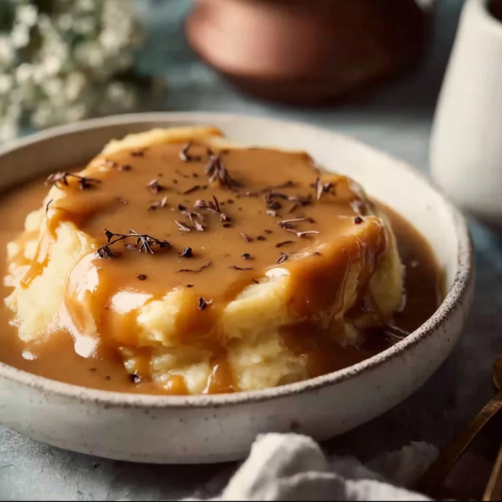 Delicious easy vegan gravy served over mashed potatoes
