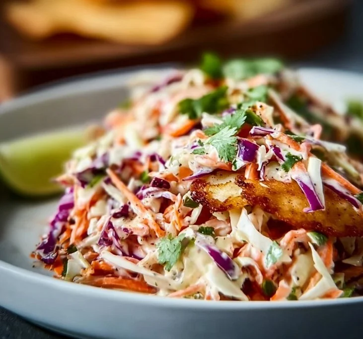Delicious fish taco slaw with fresh ingredients served on tacos.