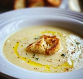 Delicious bowl of French Garlic Soup garnished with fresh herbs and bread
