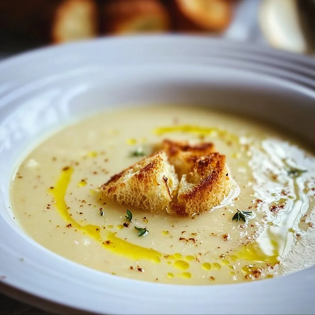 Delicious bowl of French Garlic Soup garnished with fresh herbs and bread