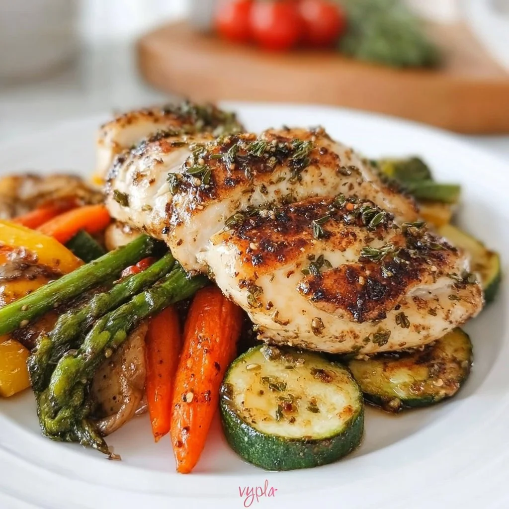 Garlic Herb Chicken served with roasted vegetables for a healthy meal