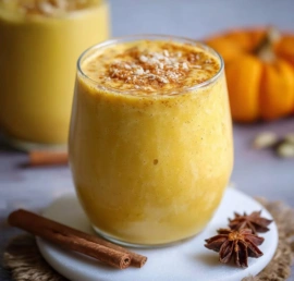 Golden Milk Pumpkin Smoothie served in a glass with a sprinkle of spices on top.