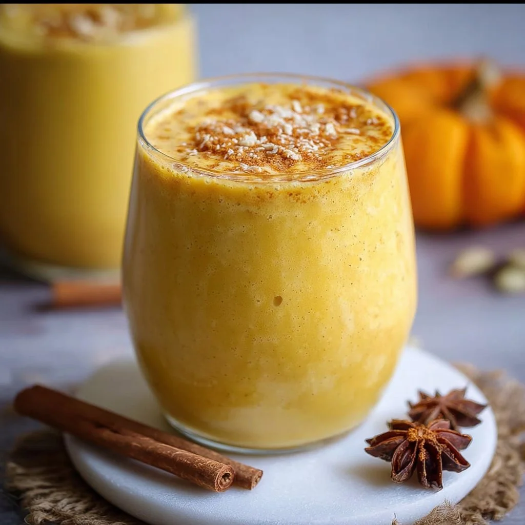 Golden Milk Pumpkin Smoothie served in a glass with a sprinkle of spices on top.