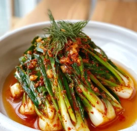 Bowl of homemade green onion kimchi with fresh ingredients on a wooden table