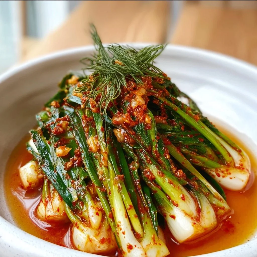 Bowl of homemade green onion kimchi with fresh ingredients on a wooden table