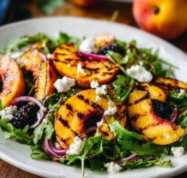 Delicious grilled peach salad with fresh greens and vibrant toppings