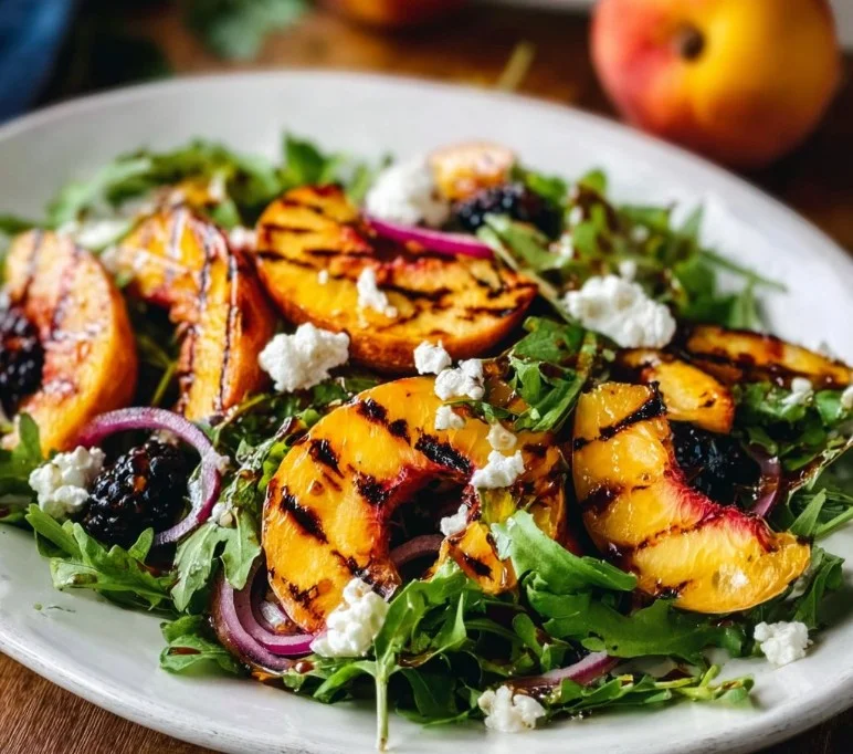 Delicious grilled peach salad with fresh greens and vibrant toppings