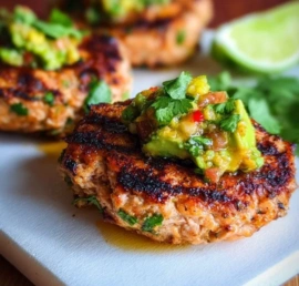 Grilled salmon burgers served with avocado salsa on a plate