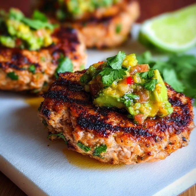 Grilled salmon burgers served with avocado salsa on a plate