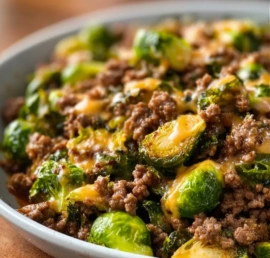 Ground Beef and Brussels Sprouts Skillet in a frying pan