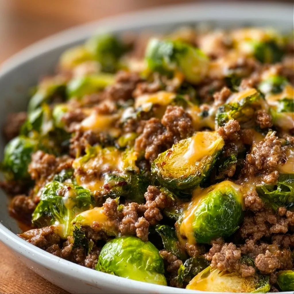 Ground Beef and Brussels Sprouts Skillet in a frying pan