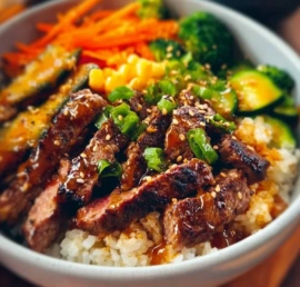 A delicious bowl of Hibachi Steak featuring sliced steak, vegetables, and rice.