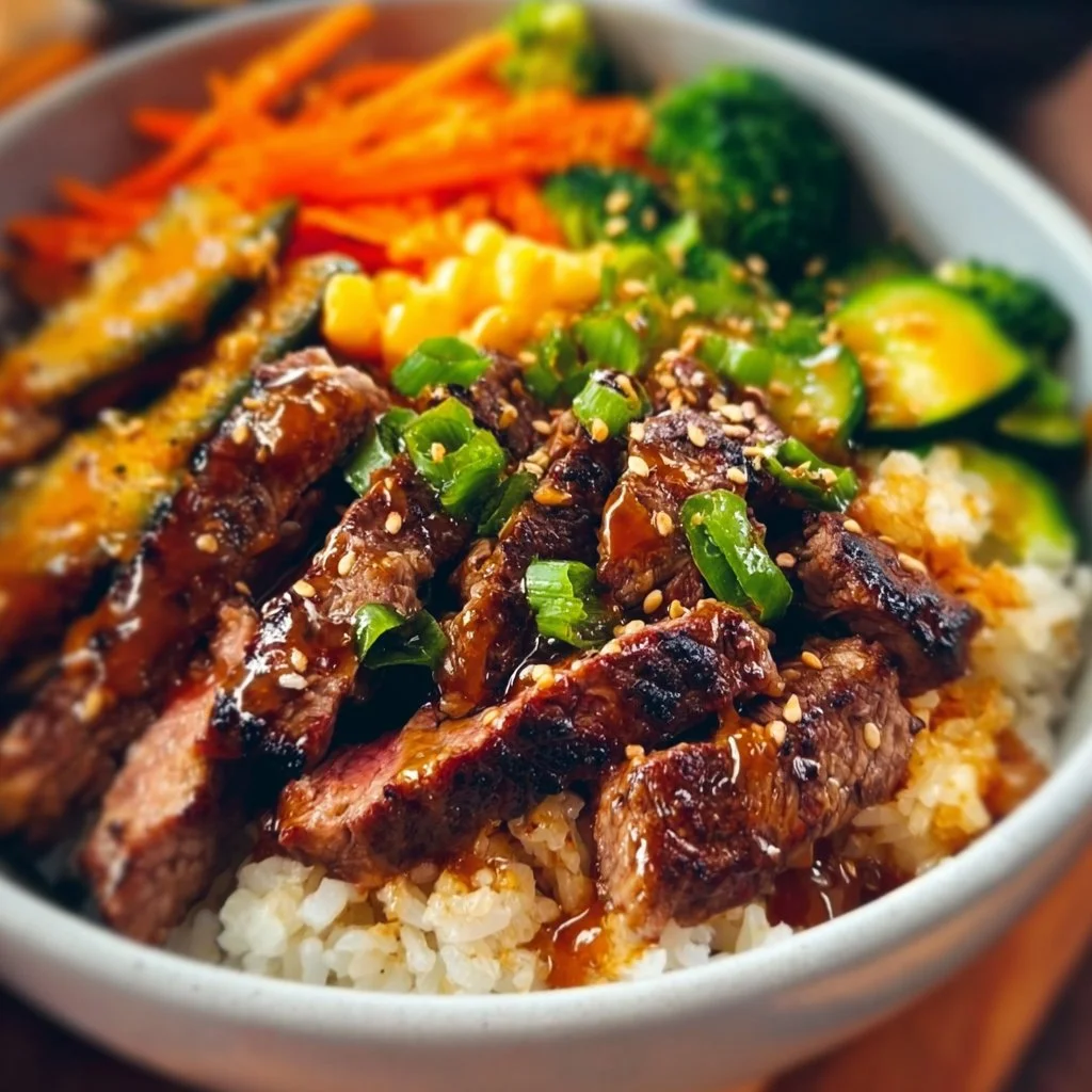 A delicious bowl of Hibachi Steak featuring sliced steak, vegetables, and rice.