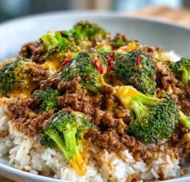 High protein beef and broccoli meal prep in a glass container