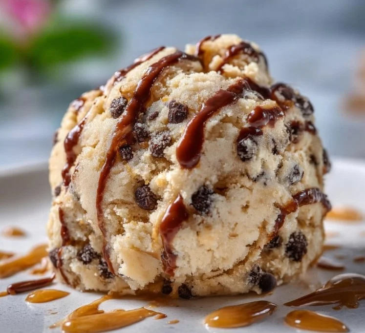 High-protein cottage cheese cookie dough on a plate with chocolate chips