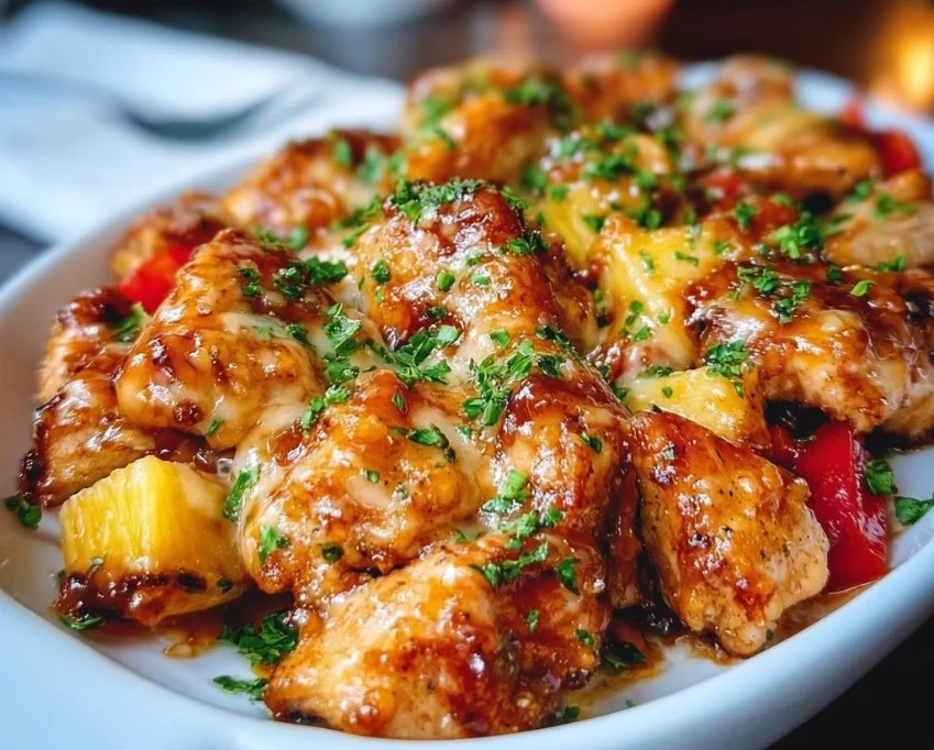 Delicious Hawaiian Chicken sheet pan meal with vibrant vegetables