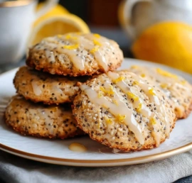 Lemon Chia Cookies on a wooden plate with fresh lemons