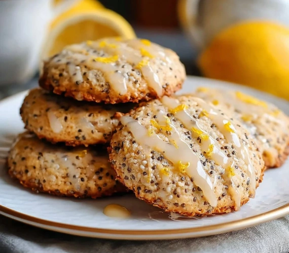 Lemon Chia Cookies on a wooden plate with fresh lemons