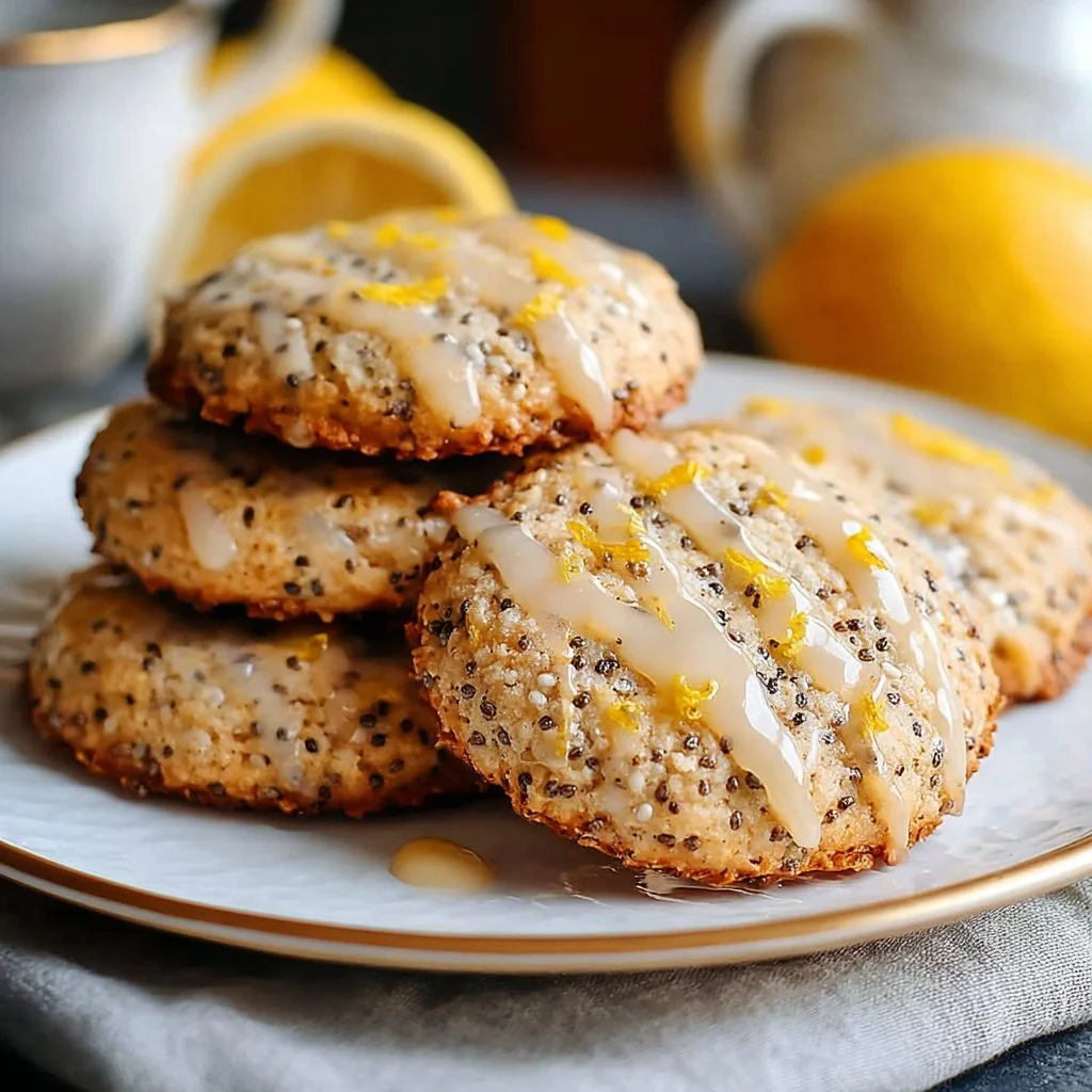 Lemon Chia Cookies on a wooden plate with fresh lemons